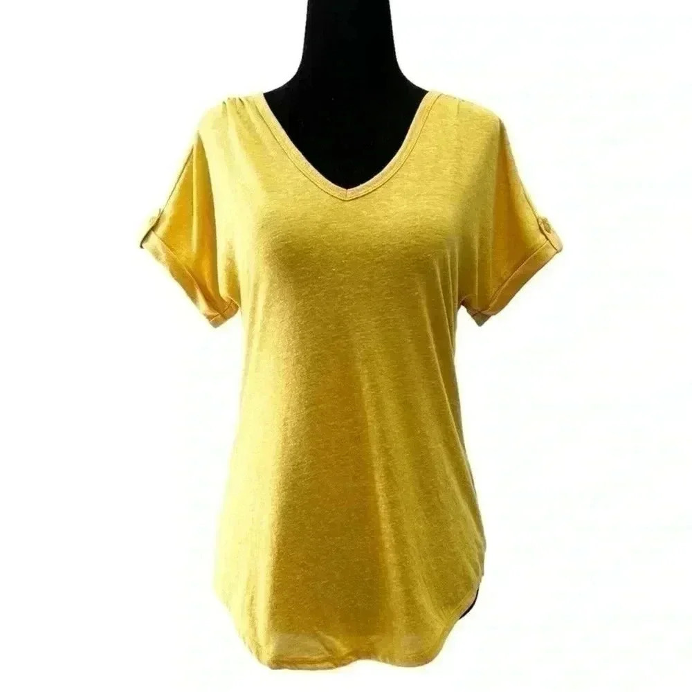 Ricki’s Linen Blend T-Shirt Loose Fit V Neck Short Sleeve Sunflower Yellow XS